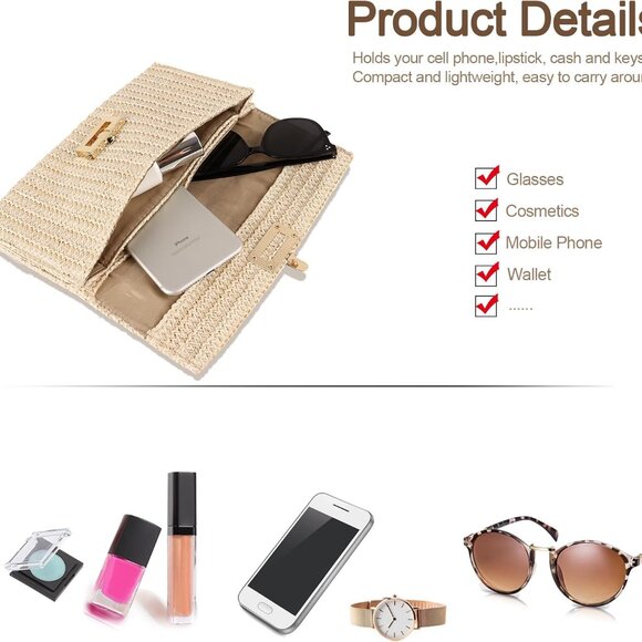 Straw Clutch Purse Crossbody Bag for Women Designer Evening Handbag Casual Summe - Picture 5 of 6